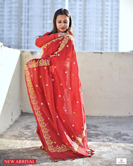 Kutch sindhi handembroidered red mulcotton saree bridal wear casual function wedding with blouse piece best price