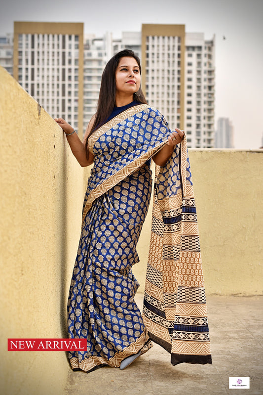 handblockprinted blue beige organic mulcotton saree best summer fabric office and causal style best price with blouse piece