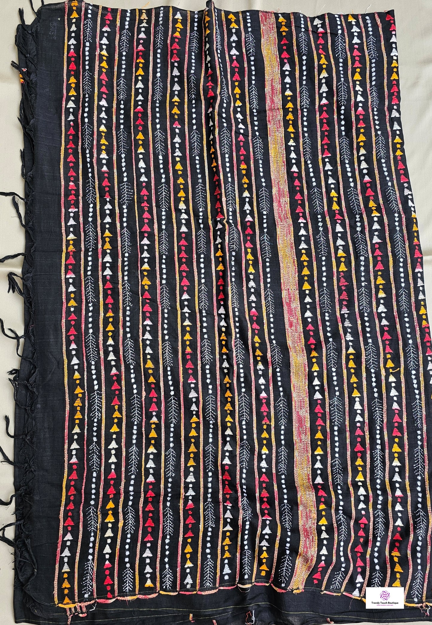 kantha hand embroidered black white yellow red thread work khesh khadi handloom saree best summer fabric for office wear and casual styling at summer celebration with blouse piece