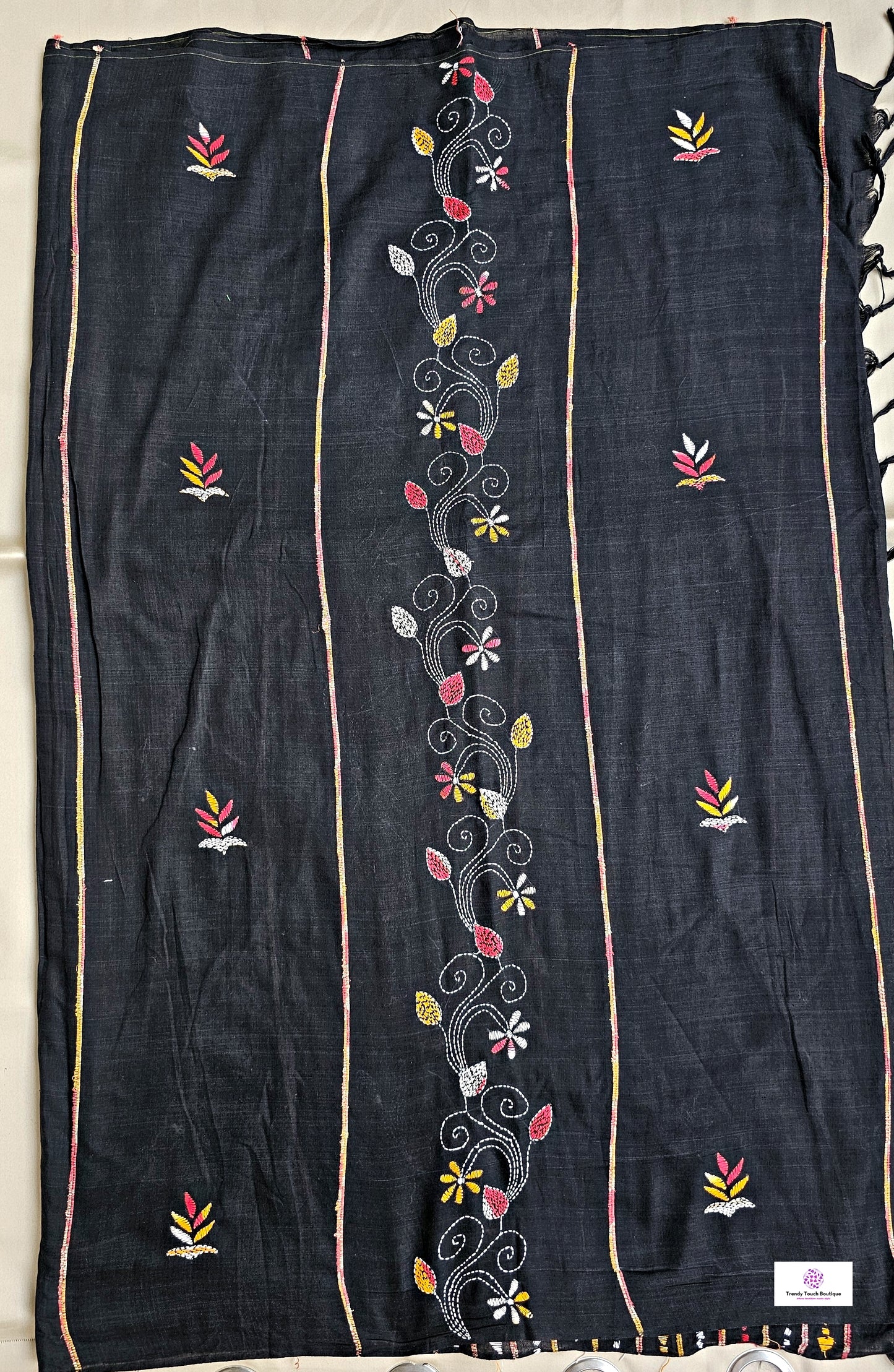 kantha hand embroidered black white yellow red thread work khesh khadi handloom saree best summer fabric for office wear and casual styling at summer celebration with blouse piece