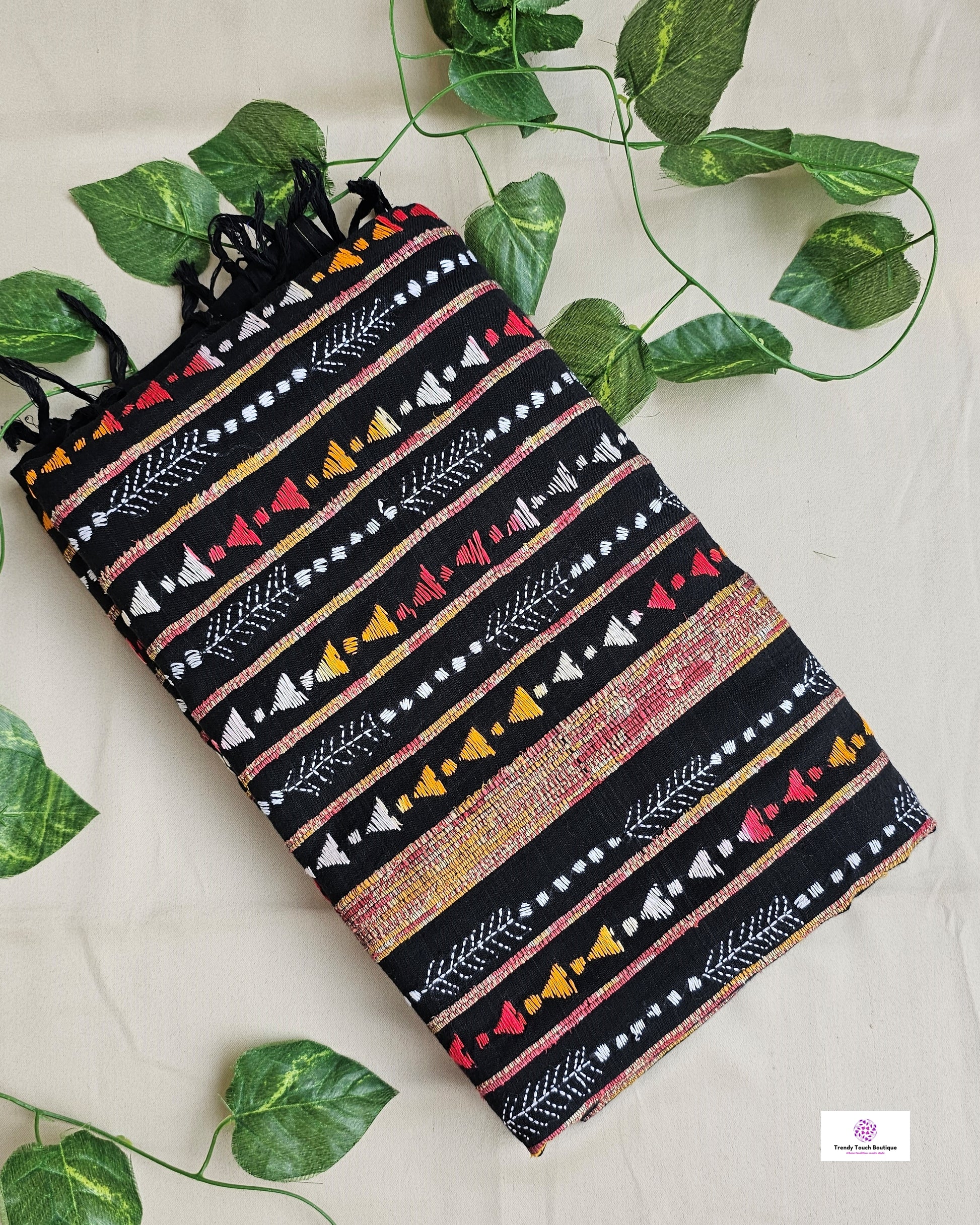 kantha hand embroidered black white yellow red thread work khesh khadi handloom saree best summer fabric for office wear and casual styling at summer celebration with blouse piece