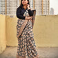 Handblock print mulcotton saree best summer fabric for office and casual styling with blouse piece black and ivory best price