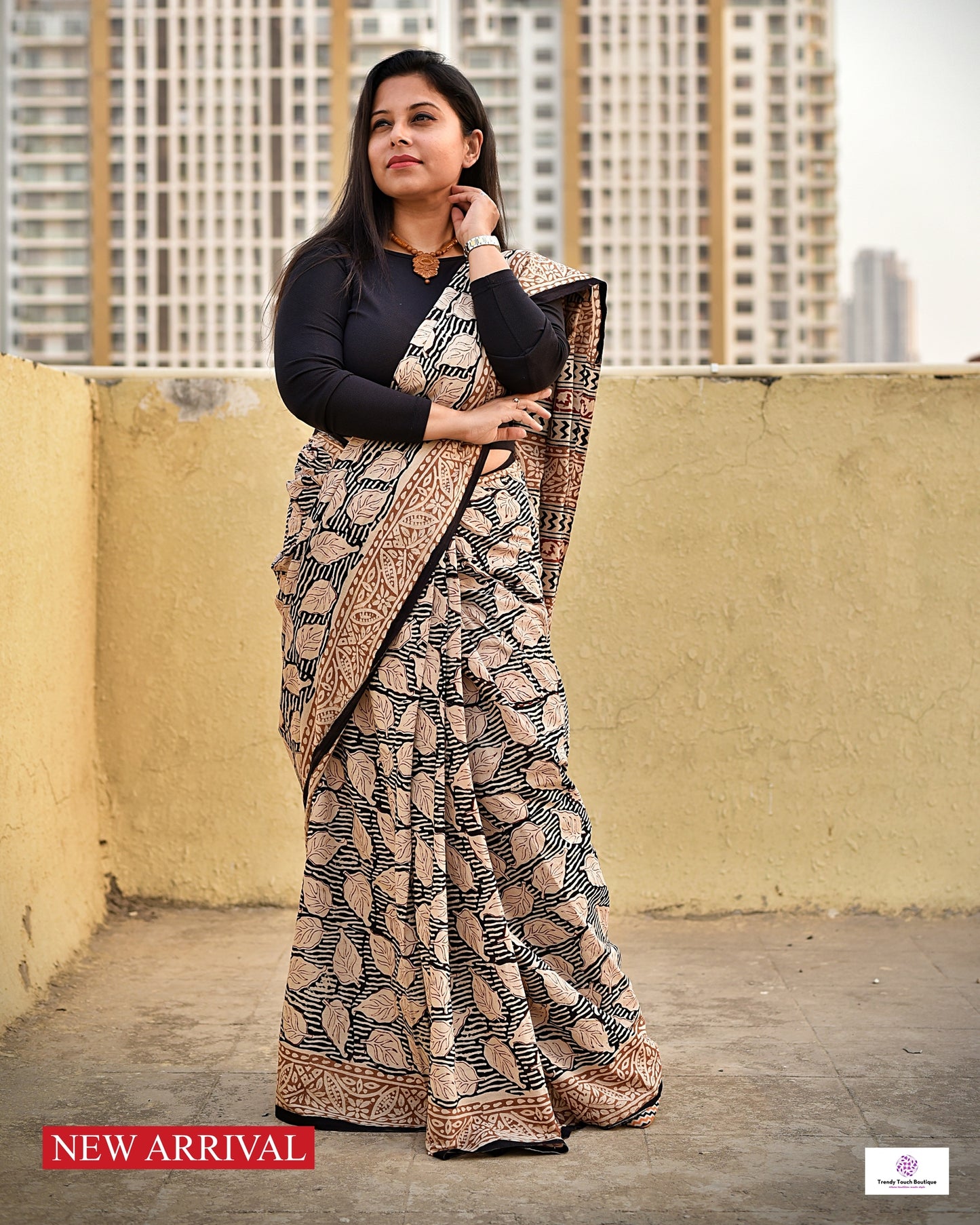 Handblock print mulcotton saree best summer fabric for office and casual styling with blouse piece black and ivory best price