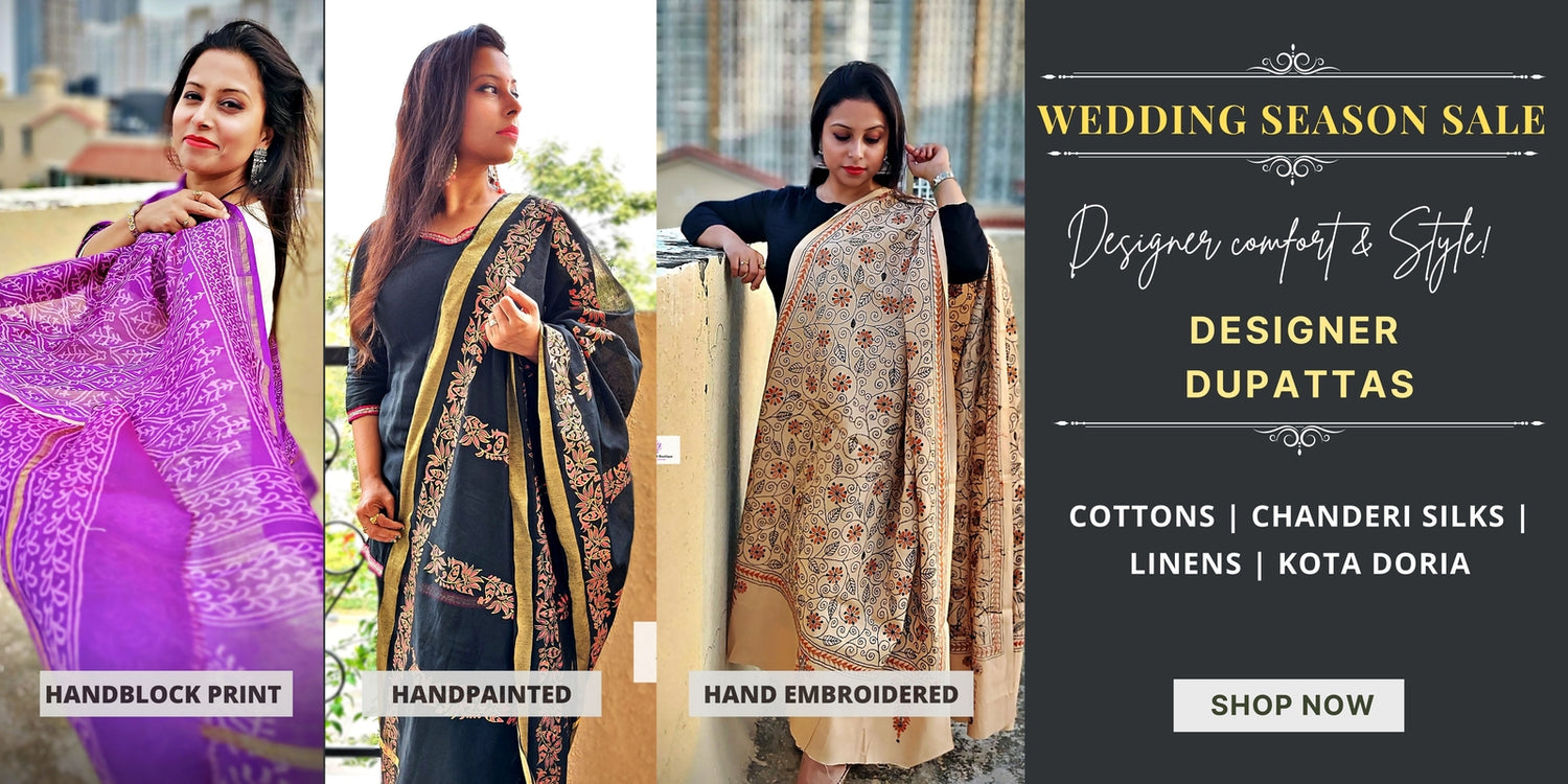 Handblockprint, handpainted, handembroidered Kutch and Kantha embroidered designer dupattas in cottons, chanderi silks, linens and kota doria in summer sale offer for office and everyday casual wear 