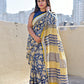  best summer handwoven handloom fabric handblock print organic slub linen saree yellow blue color at best price online with blouse piece for office wear or everyday styling!