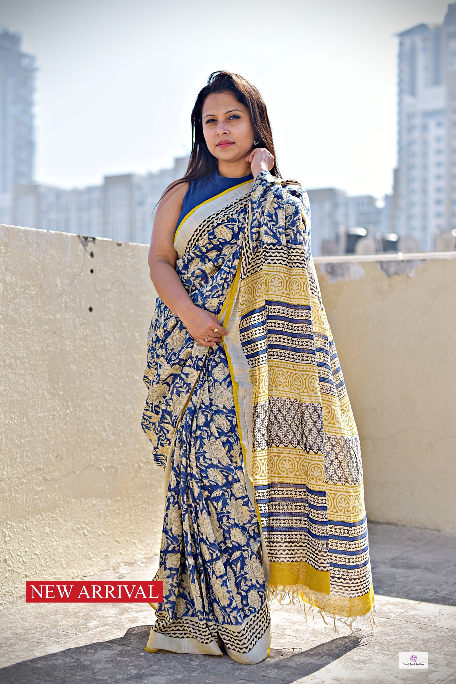  best summer handwoven handloom fabric handblock print organic slub linen saree yellow blue color at best price online with blouse piece for office wear or everyday styling!