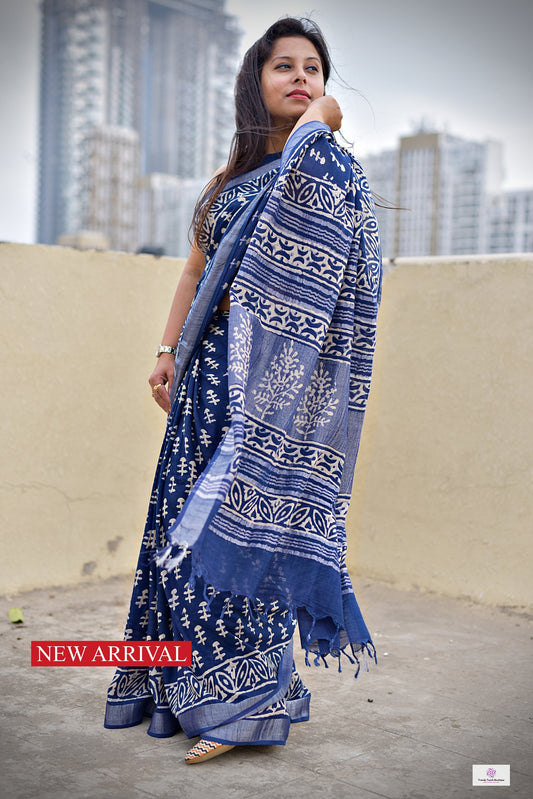  best summer handwoven handloom fabric handblock print organic slub linen saree blue color floral pattern at best price online with blouse piece for office wear or everyday styling!