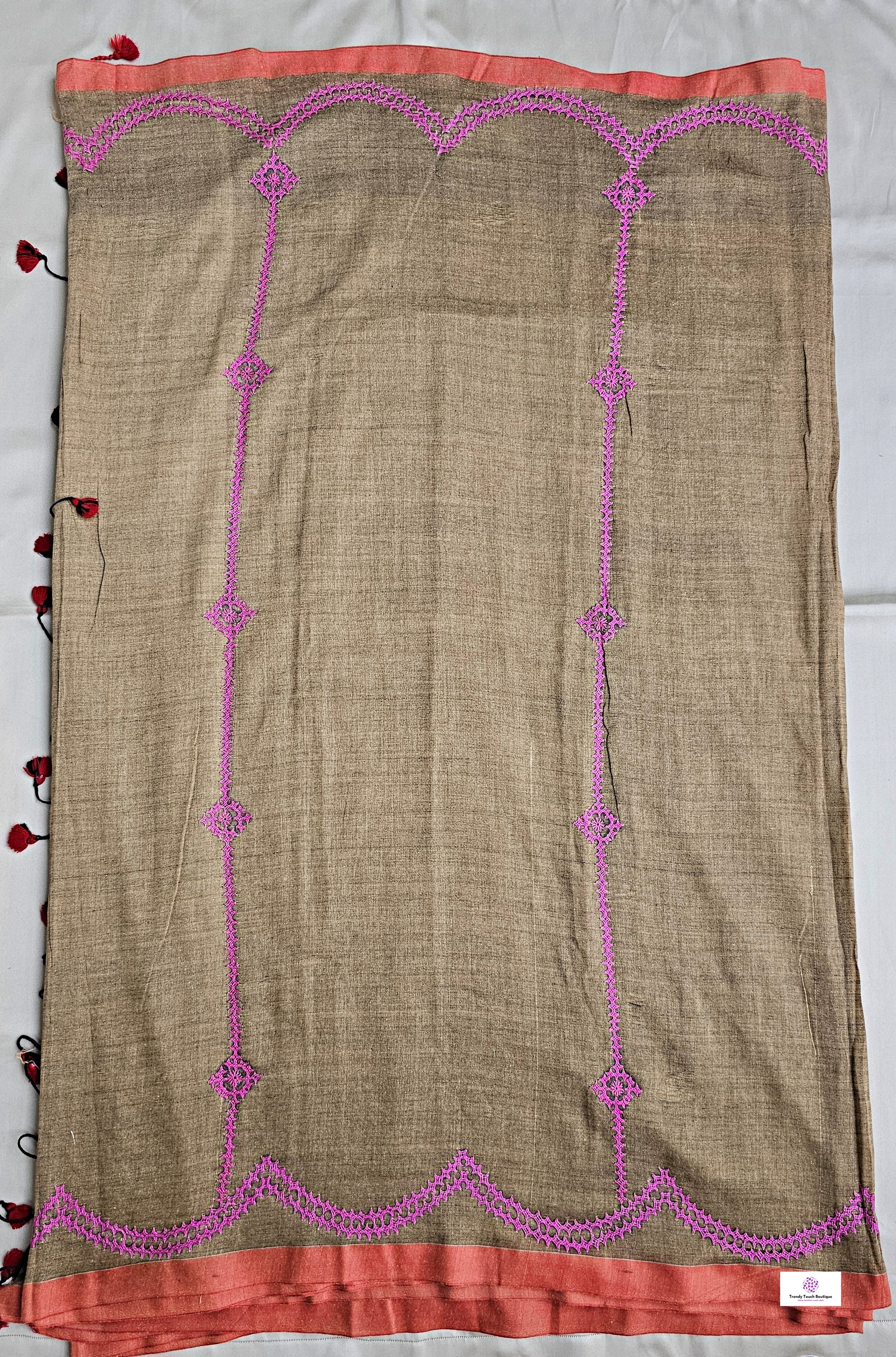 brown and pink kutch hand embroidered mulcotton saree casual and office wear lightweight with blouse piece best price