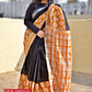 Orange Black Handblock print linen saree organic dye best summer fabric best price casual and formal saree 