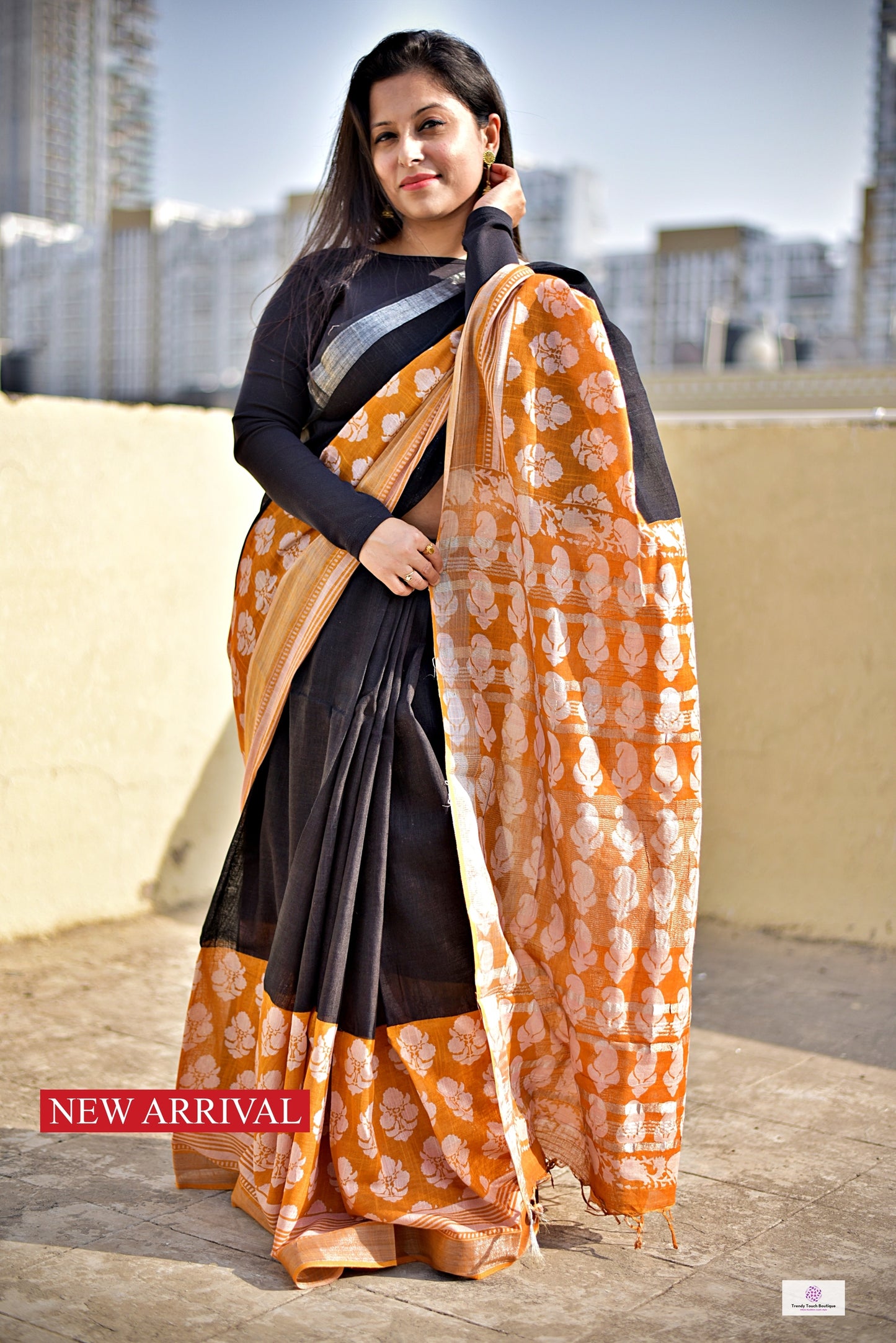 Orange Black Handblock print linen saree organic dye best summer fabric best price casual and formal saree 