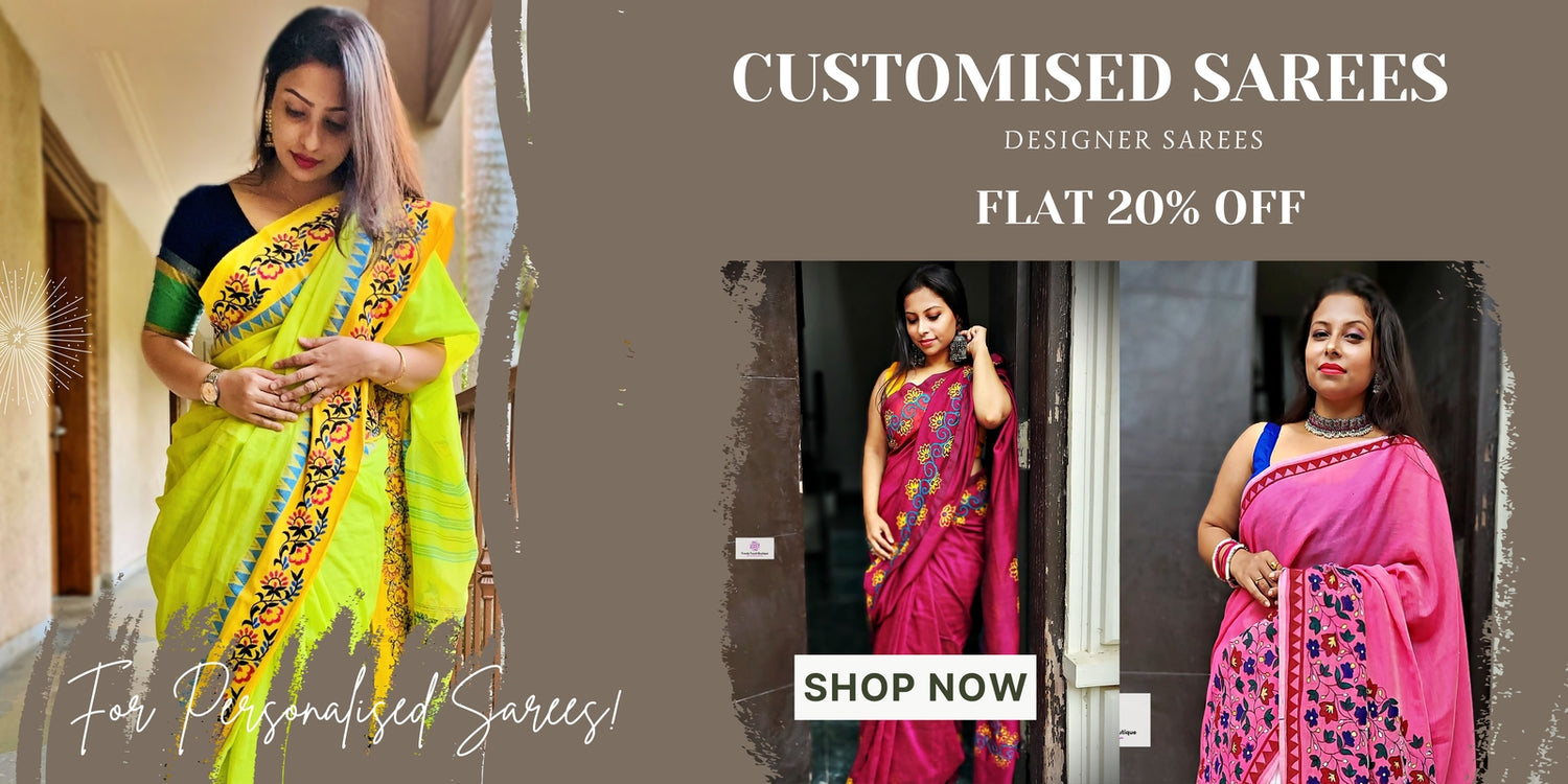 Handembroidered and handpainted designer sarees in khadi cotton handloom, mulcotton, silk, linen blend customised work for special orders and occasions 