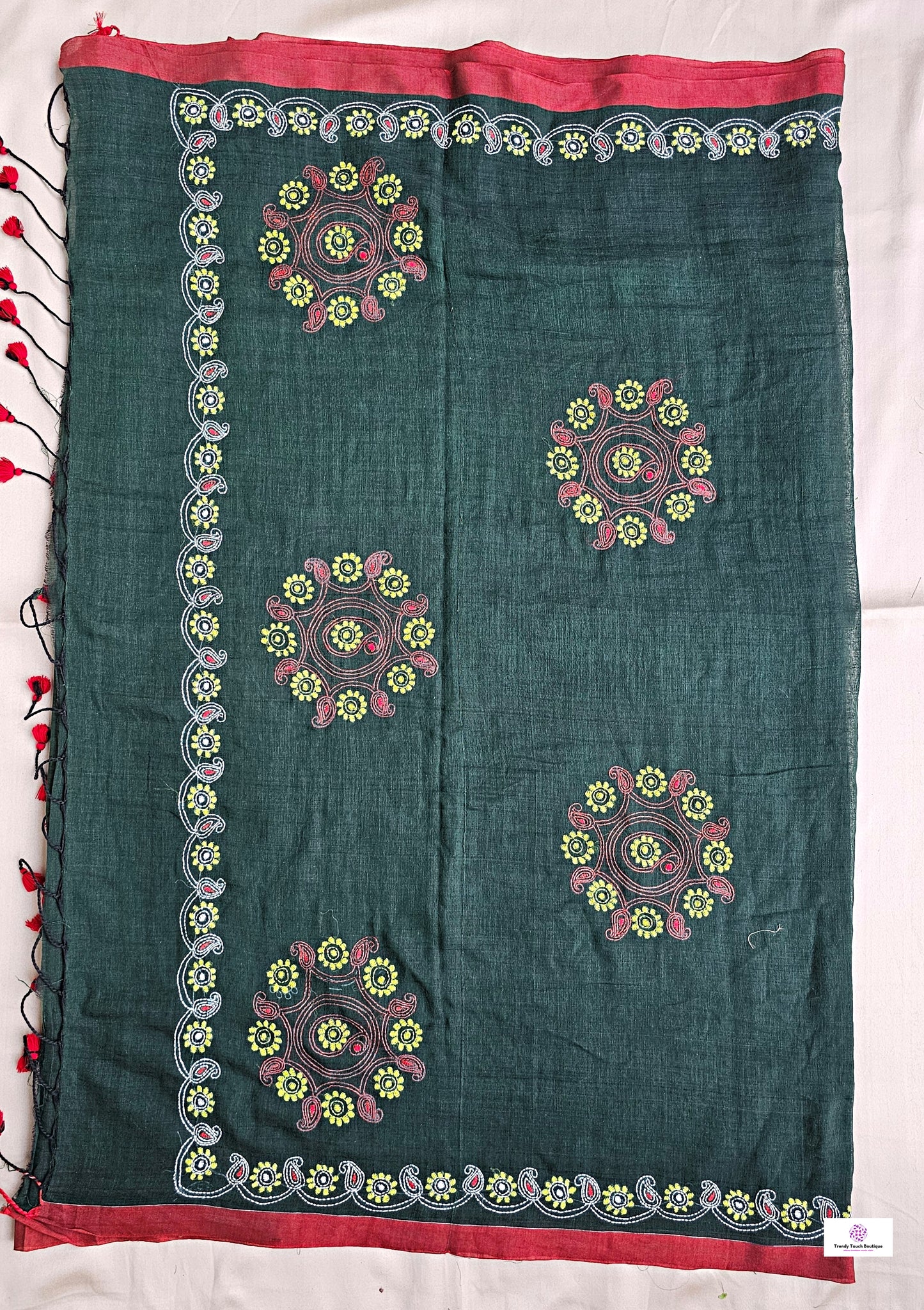 mulcotton dark moss green color with kantha handembroidery floral pattern office wear and causal function saree with blouse piece best price