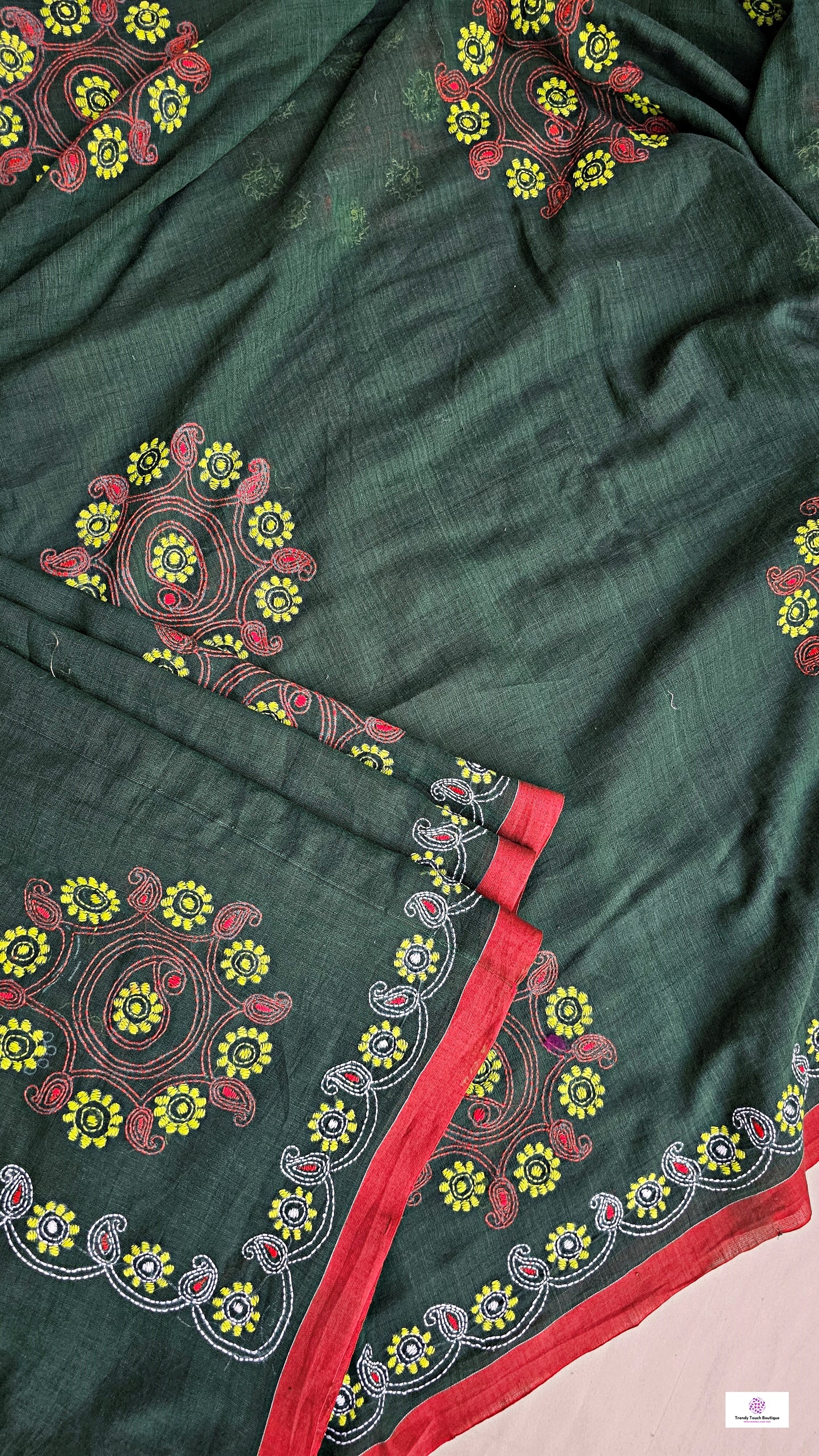 mulcotton dark moss green color with kantha handembroidery floral pattern office wear and causal function saree with blouse piece best price