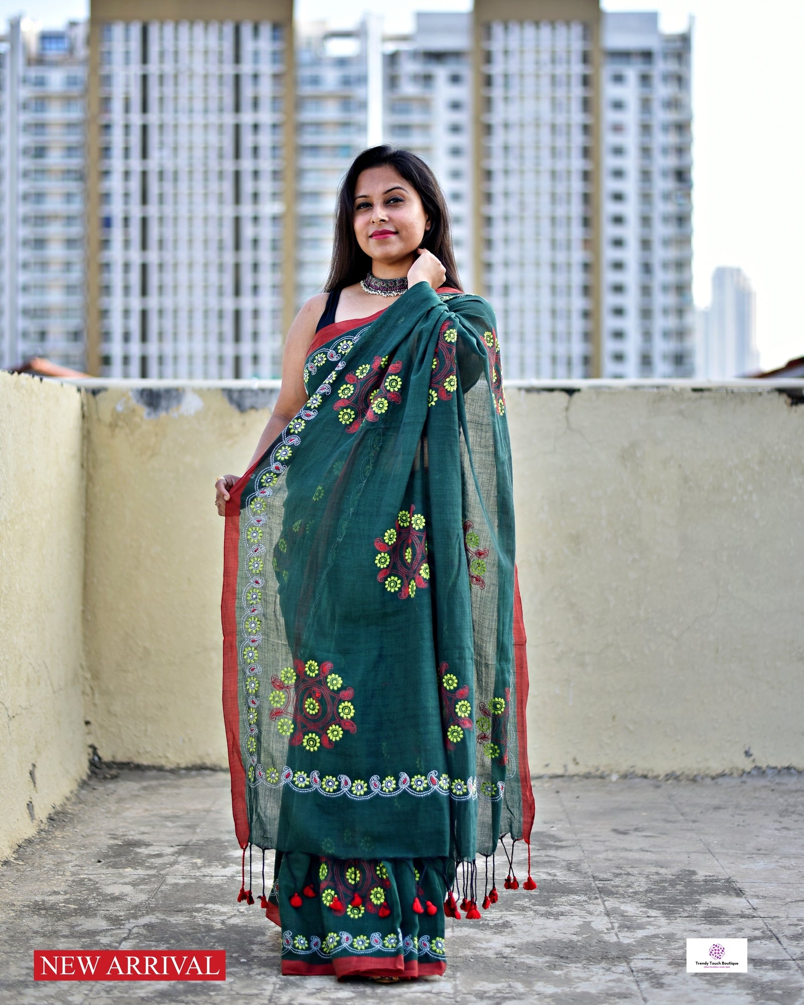 mulcotton dark moss green color with kantha handembroidery floral pattern office wear and causal function saree with blouse piece best price