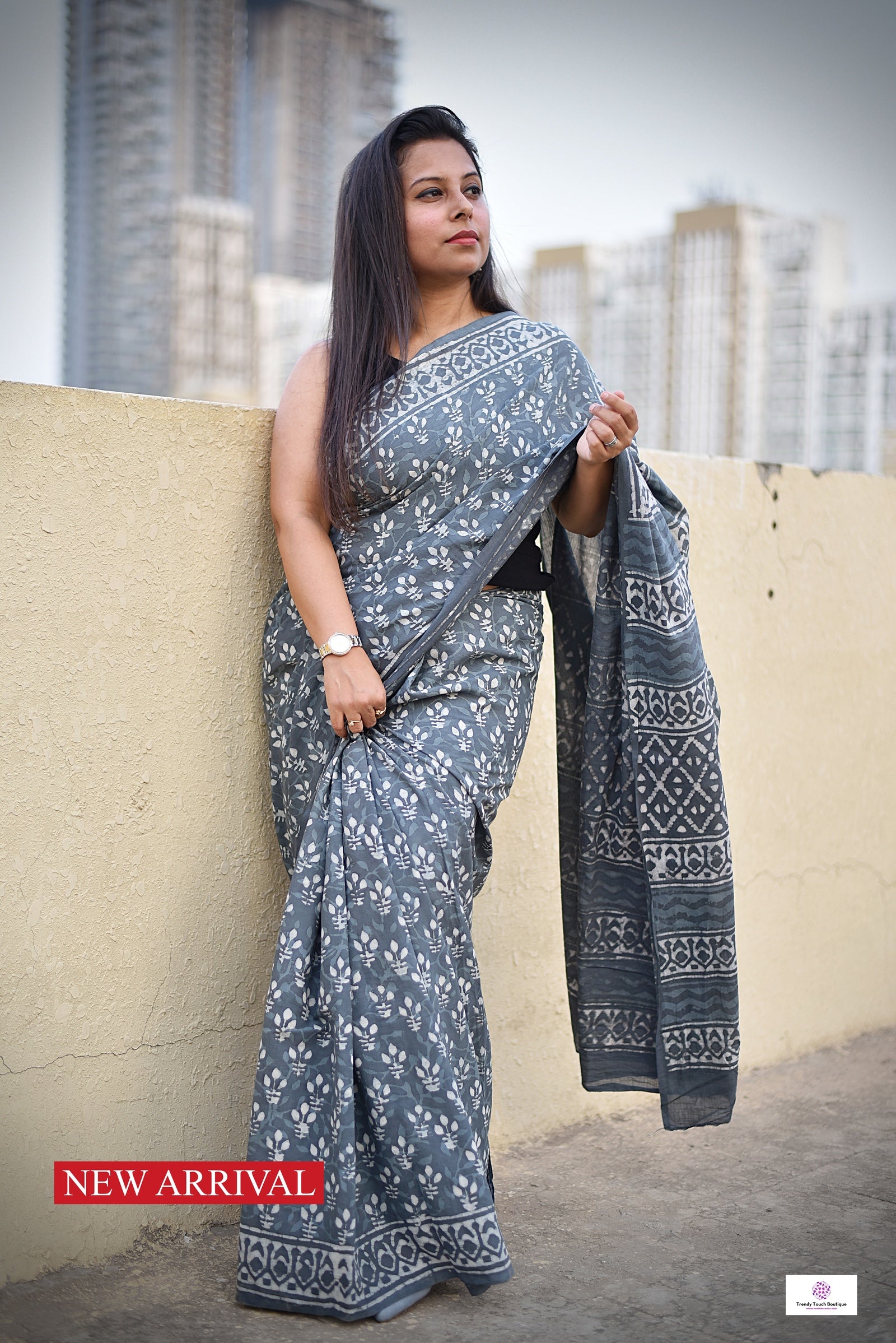 handblockprint mulcotton grey saree best summer fabric with blouse piece office and casual saree style best price