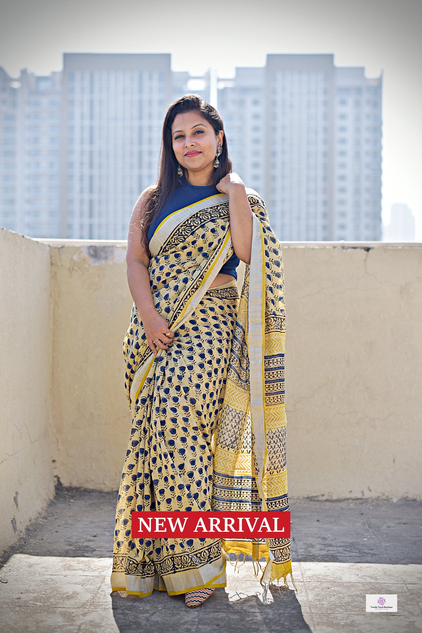 best summer handwoven handloom fabric handblock print organic slub linen saree yellow blue color at best price online with blouse piece for office wear or everyday styling!