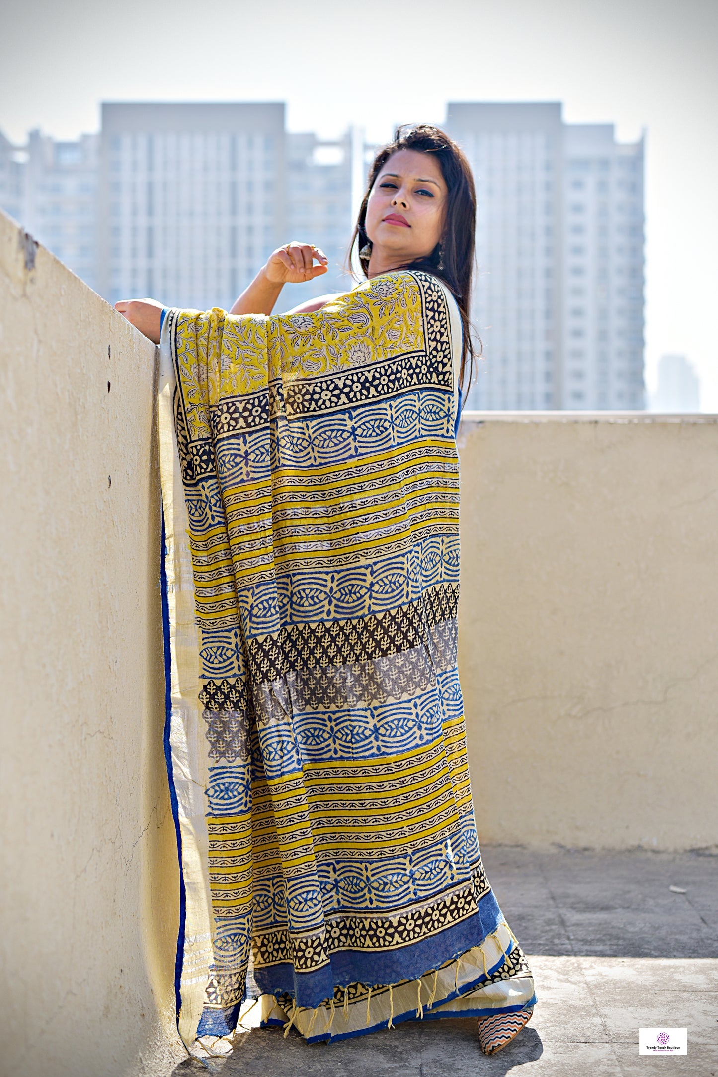  best summer handwoven handloom fabric handblock print organic slub linen saree yellow blue color at best price online with blouse piece for office wear or everyday styling!