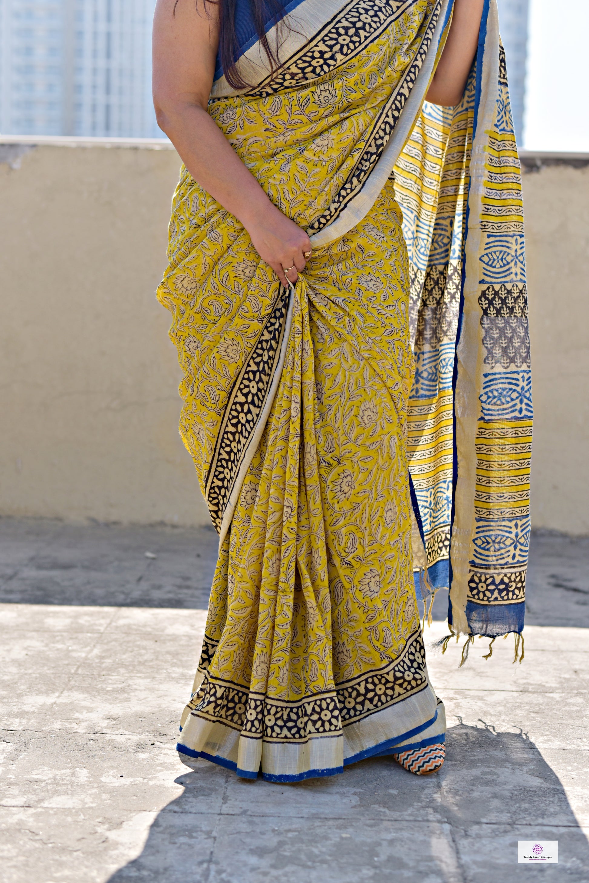  best summer handwoven handloom fabric handblock print organic slub linen saree yellow blue color at best price online with blouse piece for office wear or everyday styling!