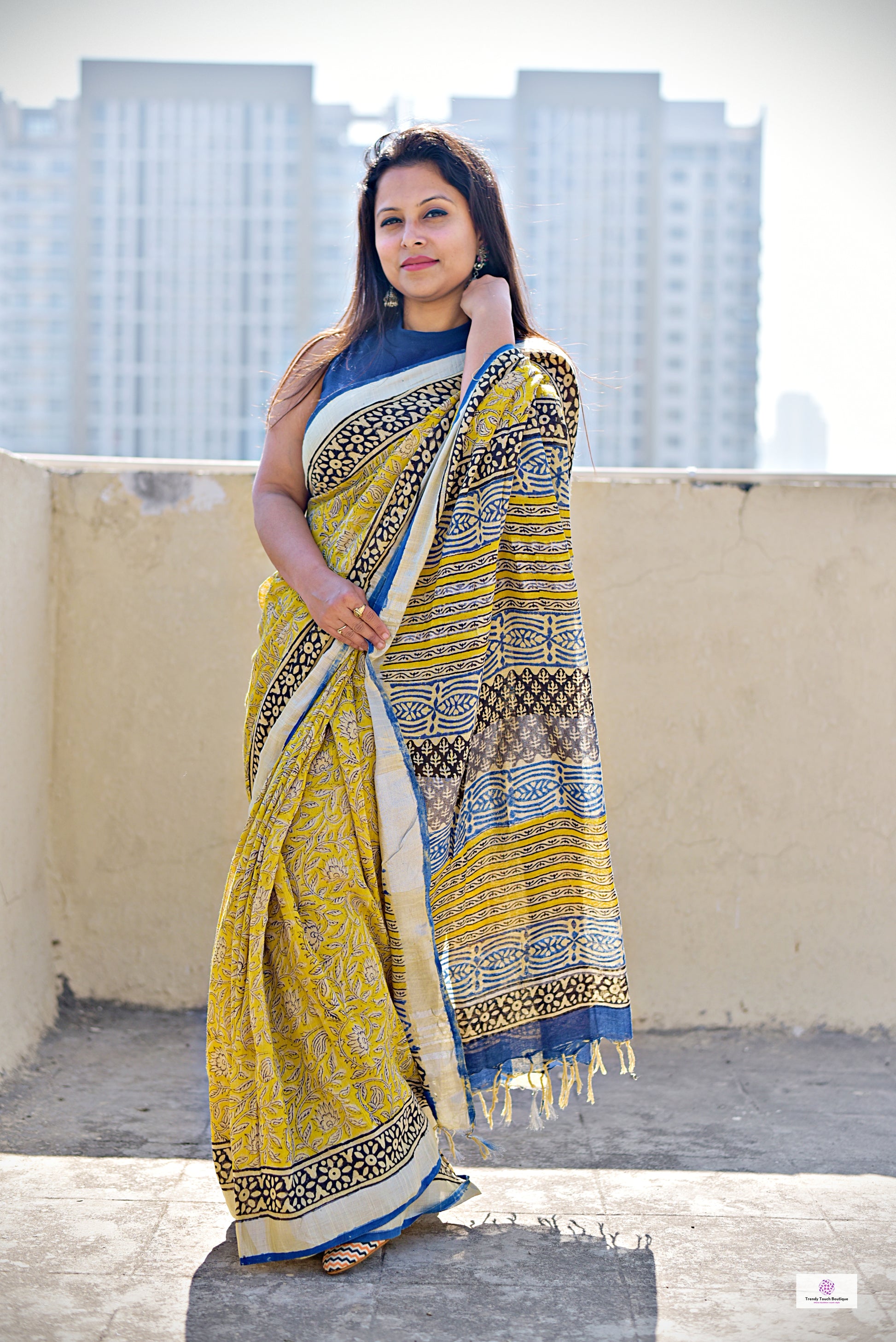  best summer handwoven handloom fabric handblock print organic slub linen saree yellow blue color at best price online with blouse piece for office wear or everyday styling!