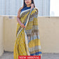 best summer handwoven handloom fabric handblock print organic slub linen saree yellow blue color at best price online with blouse piece for office wear or everyday styling!