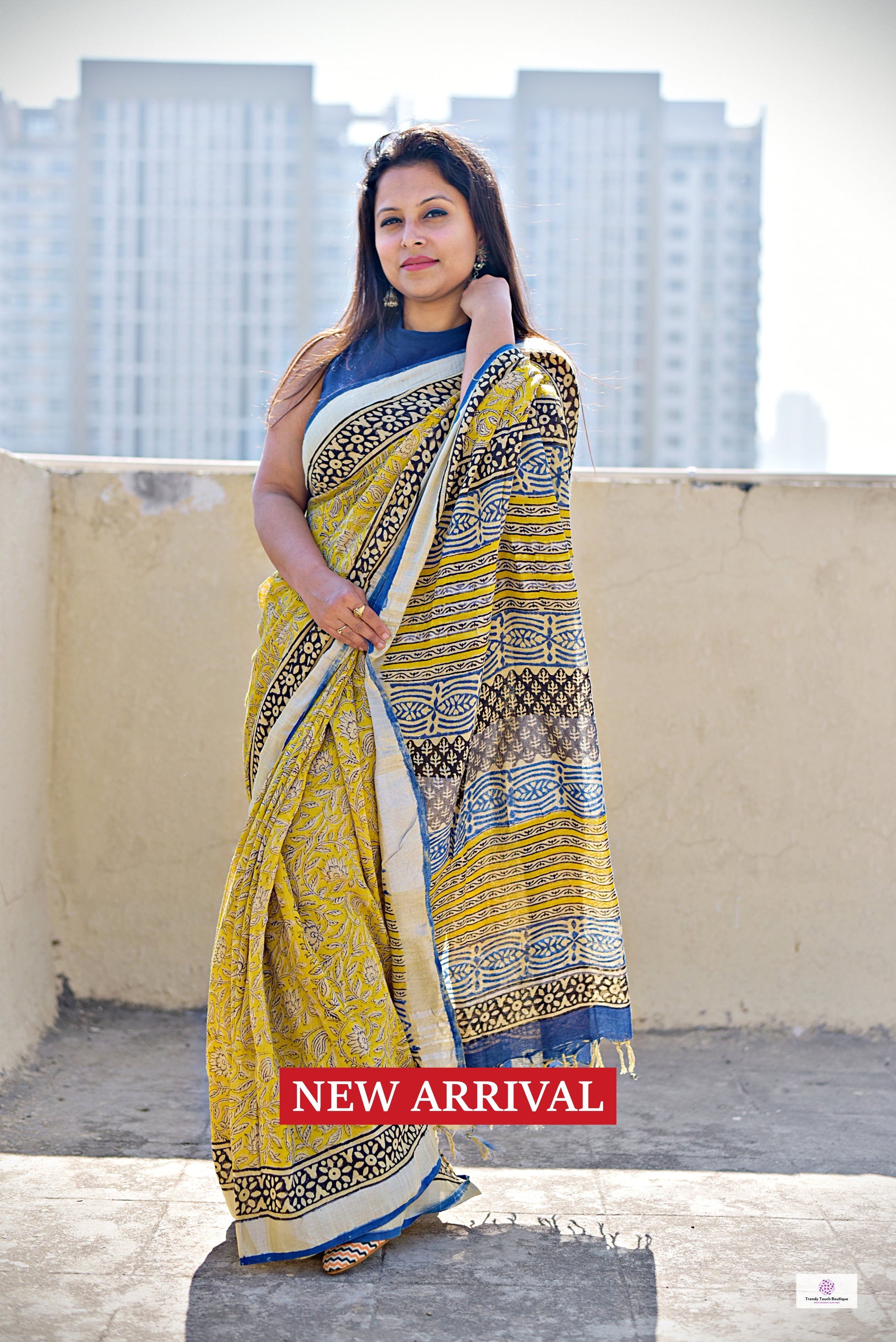 best summer handwoven handloom fabric handblock print organic slub linen saree yellow blue color at best price online with blouse piece for office wear or everyday styling!