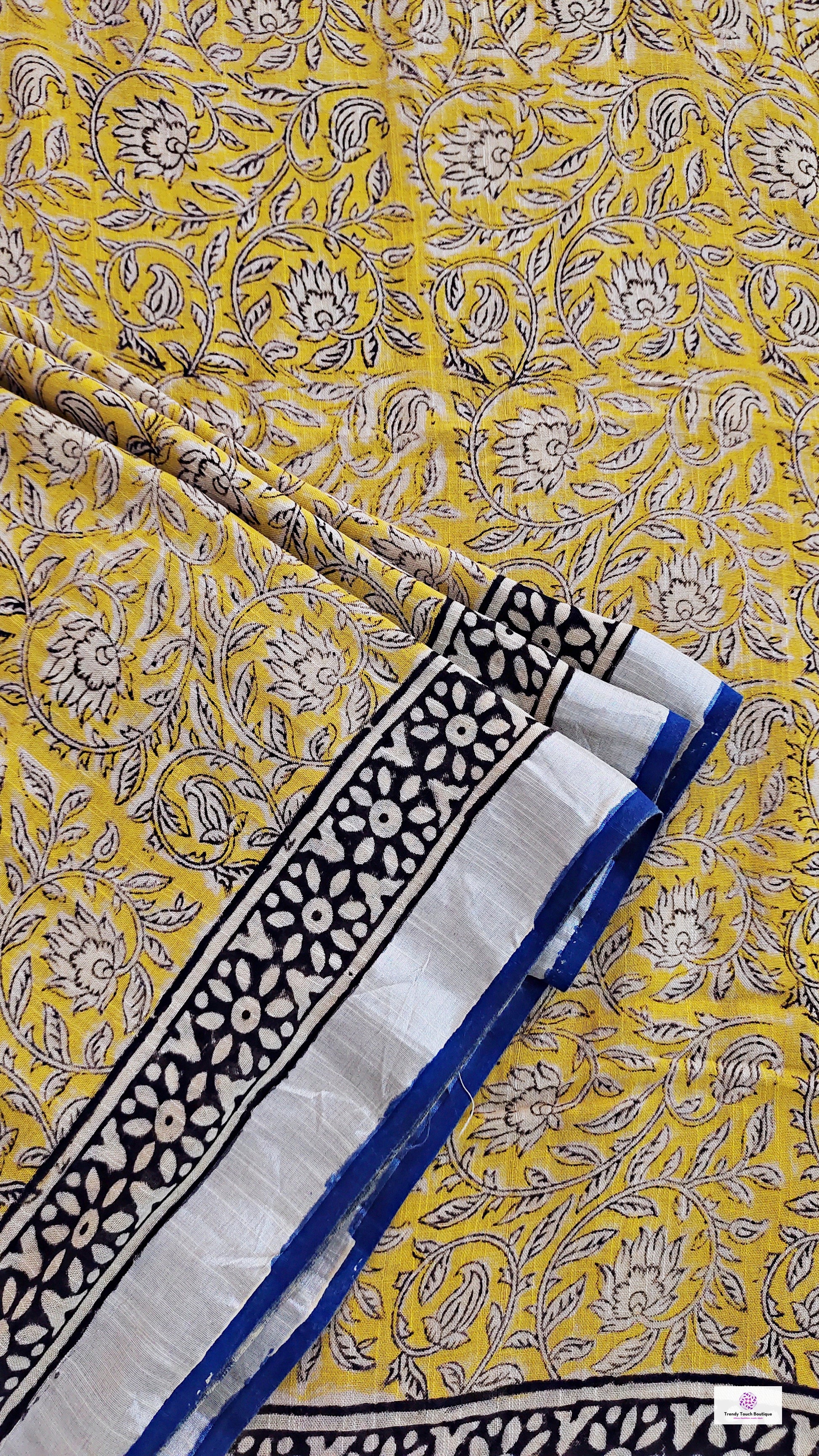  best summer handwoven handloom fabric handblock print organic slub linen saree yellow blue color at best price online with blouse piece for office wear or everyday styling!