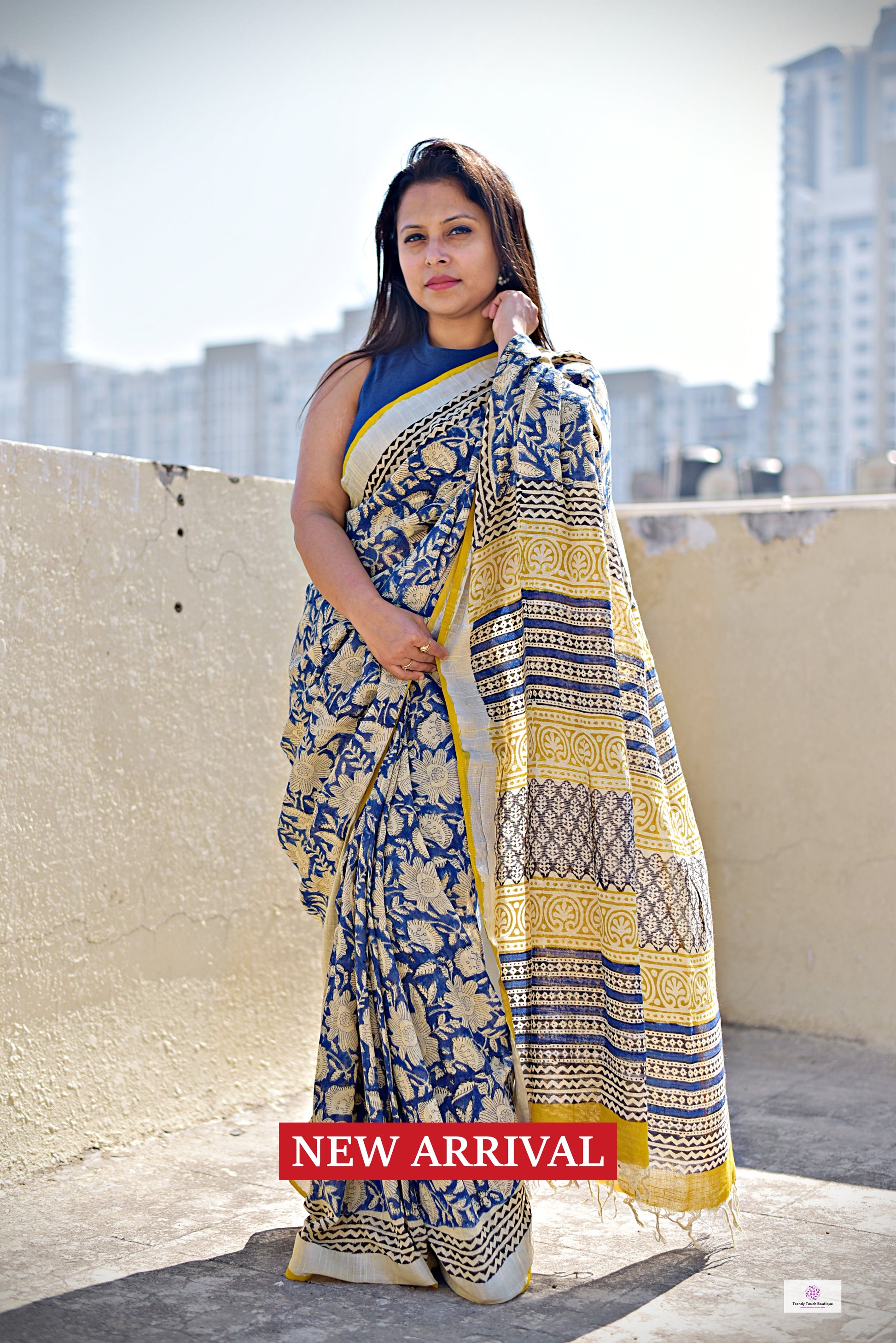 best summer handwoven handloom fabric handblock print organic slub linen saree yellow blue color at best price online with blouse piece for office wear or everyday styling!