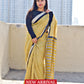 best summer handwoven handloom fabric handblock print organic slub linen saree yellow color stripes pattern at best price online with blouse piece for office wear or everyday styling!