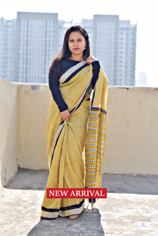 best summer handwoven handloom fabric handblock print organic slub linen saree yellow color stripes pattern at best price online with blouse piece for office wear or everyday styling!
