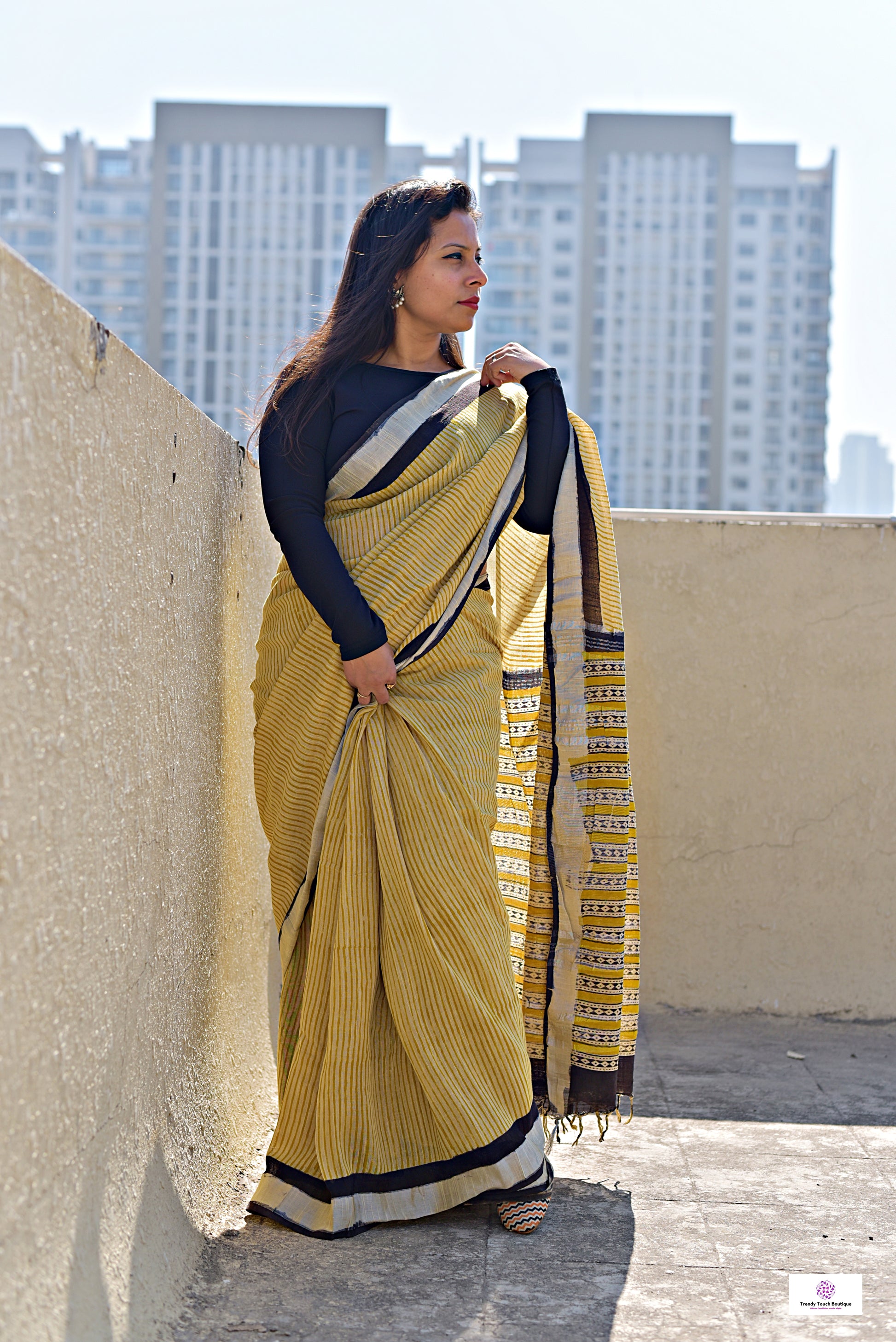  best summer handwoven handloom fabric handblock print organic slub linen saree yellow color stripes pattern at best price online with blouse piece for office wear or everyday styling!