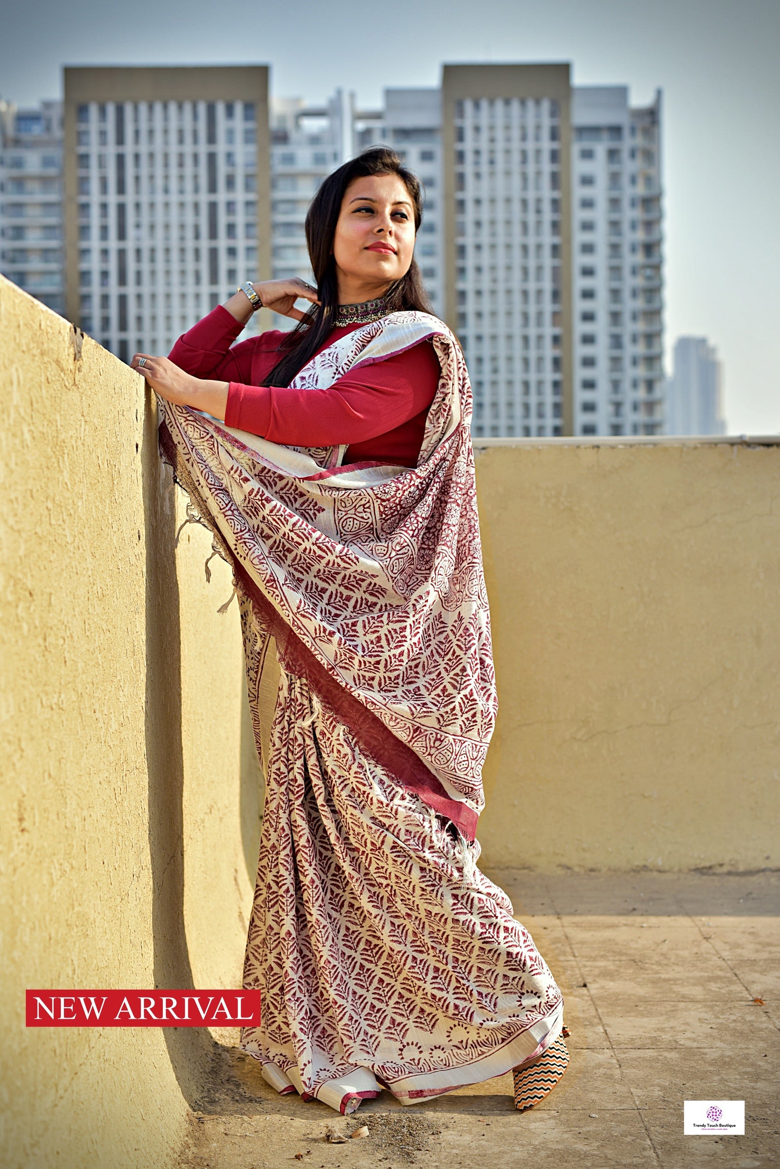 Maroon White Organic Linen Saree Handblock print in natural dye green soft best summer saree for office and casual outing best price with blouse piece