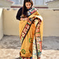 Semi Tussar silk saree geometric and floral pattern crack batik body and pure tussar silk handpainted design inspired digital print with blouse piece best price, office, regular wear lightweight saree