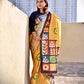 Semi Tussar silk saree geometric and floral pattern crack batik body and pure tussar silk handpainted design inspired digital print with blouse piece best price, office, regular wear lightweight saree