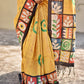 Semi Tussar silk saree geometric and floral pattern crack batik body and pure tussar silk handpainted design inspired digital print with blouse piece best price, office, regular wear lightweight saree