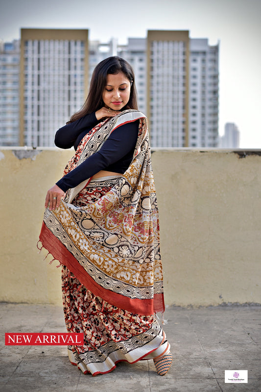 Brick Red & Beige, Black Floral Handblock print linen saree organic dye best summer fabric best price casual and formal saree 