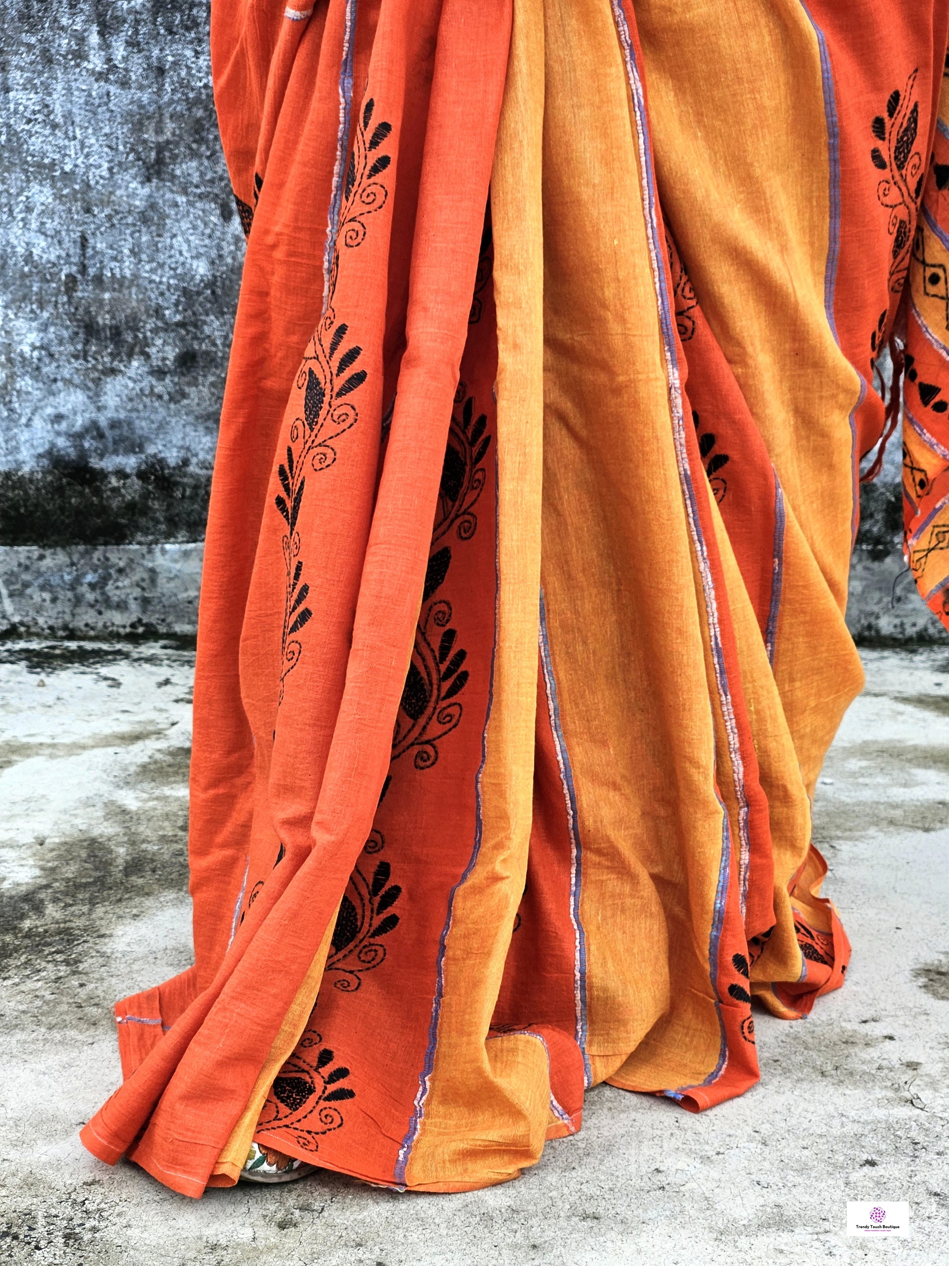 orange yellow stripe kantha handembroidered designer khesh khadi cotton handloom saree best summer fabric with blouse piece best price wedding functions lightweight