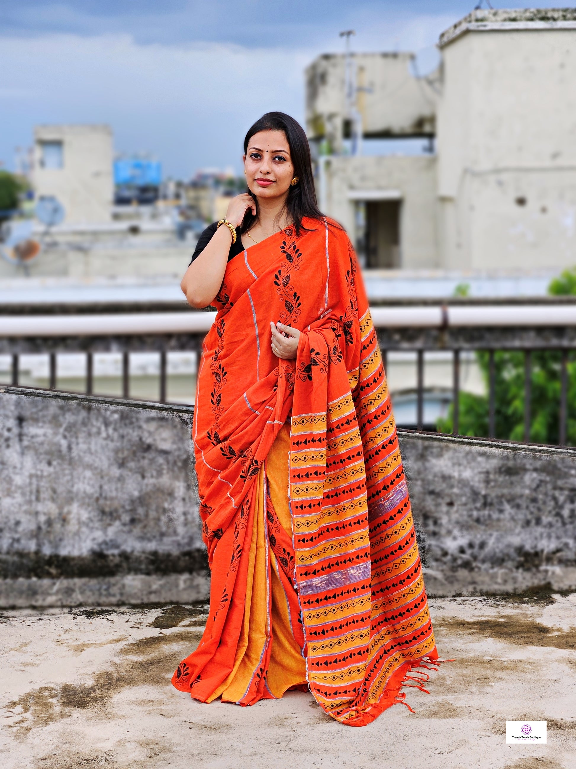 orange yellow stripe kantha handembroidered designer khesh khadi cotton handloom saree best summer fabric with blouse piece best price wedding functions lightweight