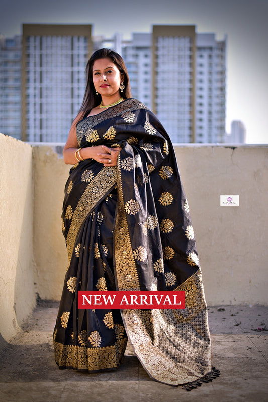 black banarasi silk wedding bridal wear saree with blouse piece online best price lightweight