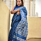 handblockprint mulcotton indigo saree office and casual wear best summer fabric in natural dye with zigzag and floral pattern with blouse piece