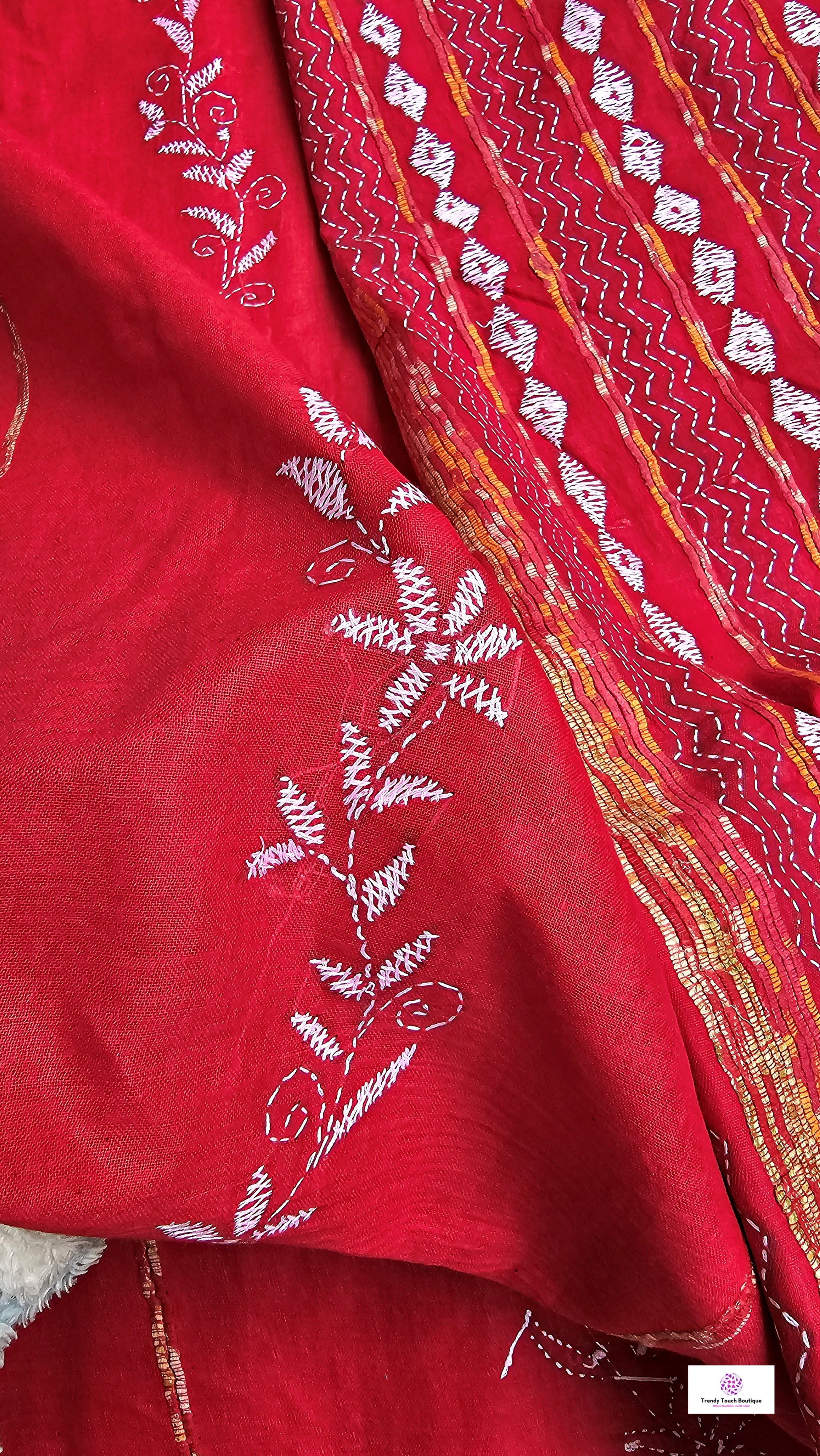 Kantha stitch handembroidered designer red khesh khadi cotton handloom with blouse piece best price