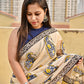 handblockprinted mulcotton in beige base with blue, yellow and black for office and casual styling summer best fabric saree with blouse piece and best price