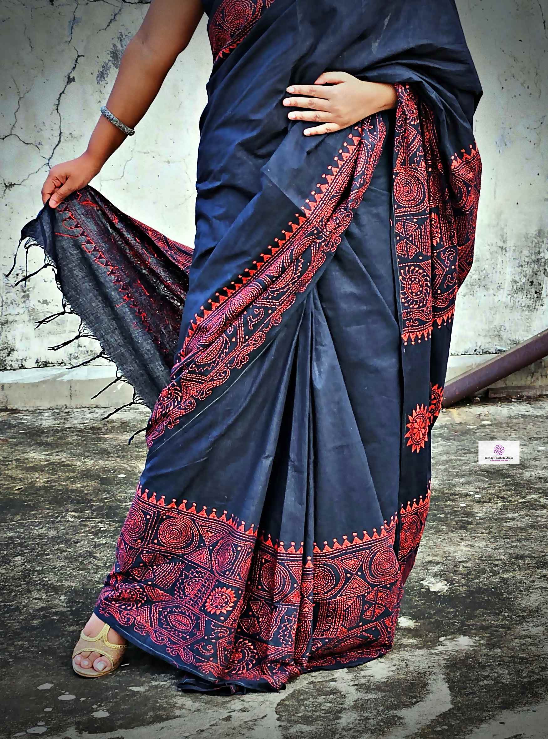 Khadi cotton handloom black saree with orange thread kantha hand embroidered best summer fabric for formal and casual styling marriage functions and family events with blouse piece best price