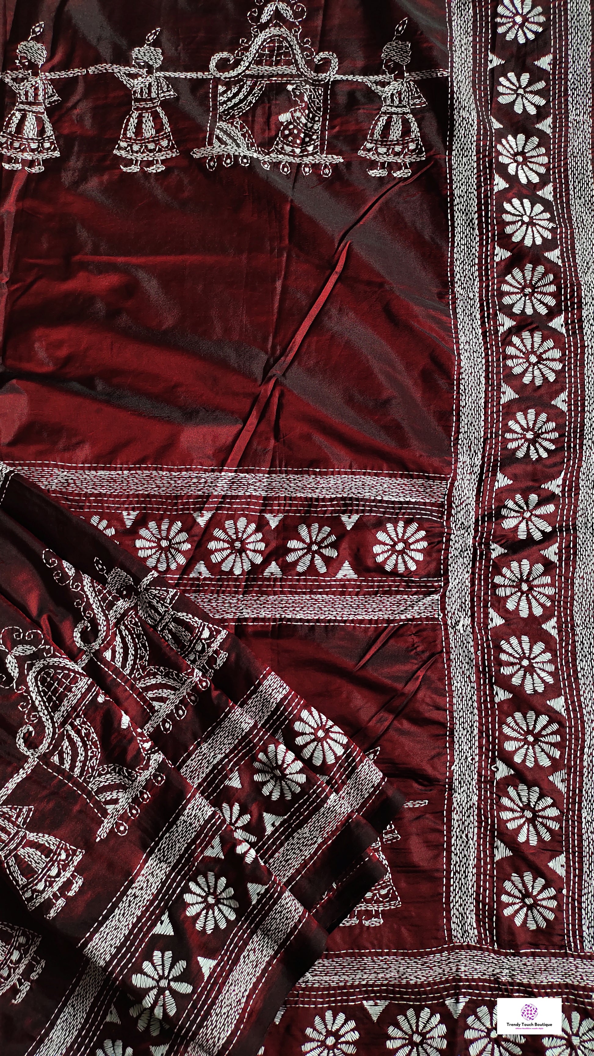 kantha handembroidered designer bangalore art silk chocolate brown with white thread palki motif marriage and wedding function special lightweight saree best fabric best price with blouse piece