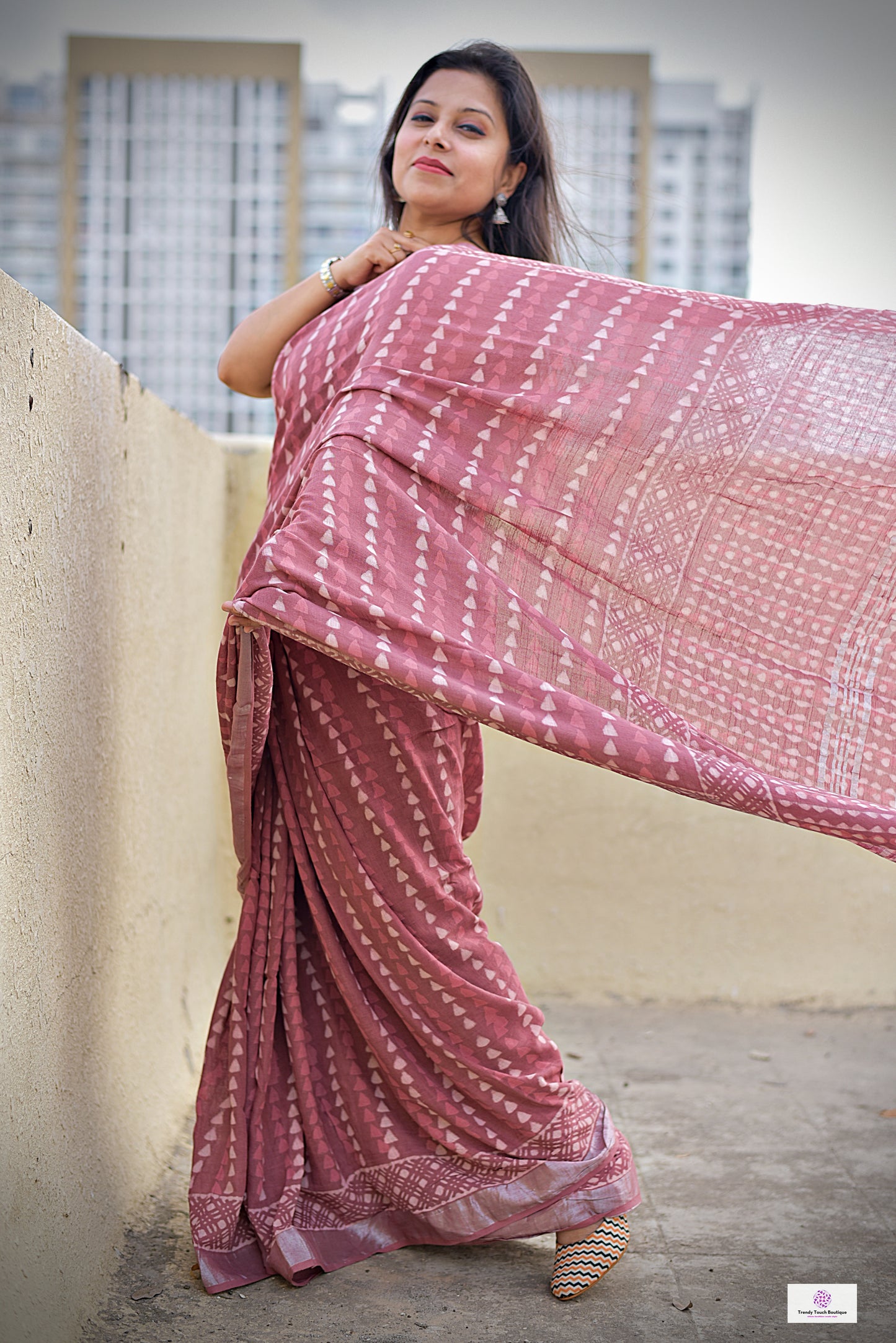 best summer handwoven handloom fabric handblock print organic slub linen saree pastel color brown at best price with blouse piece for office wear or everyday styling!