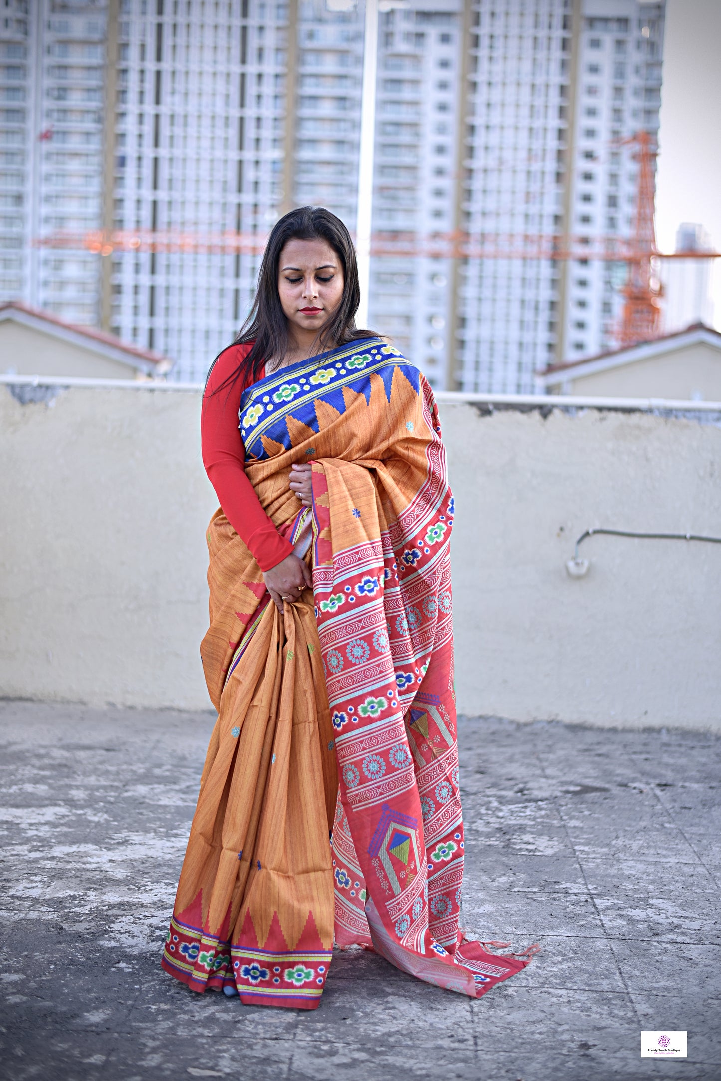 Yellow red blue semi tussar silks saree in ikkat digital print saree for regular wear and casual function office for women with blouse piece and best price