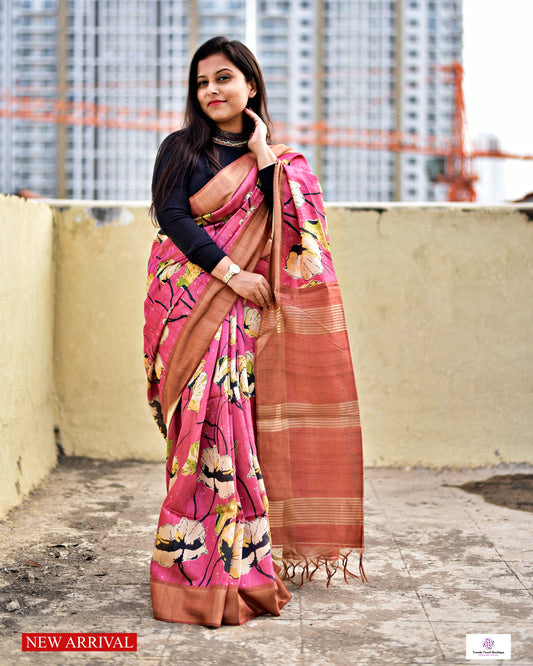 Pink semi tussar silk saree with floral digital print for regular wear and casual function office for women with blouse piece and best price