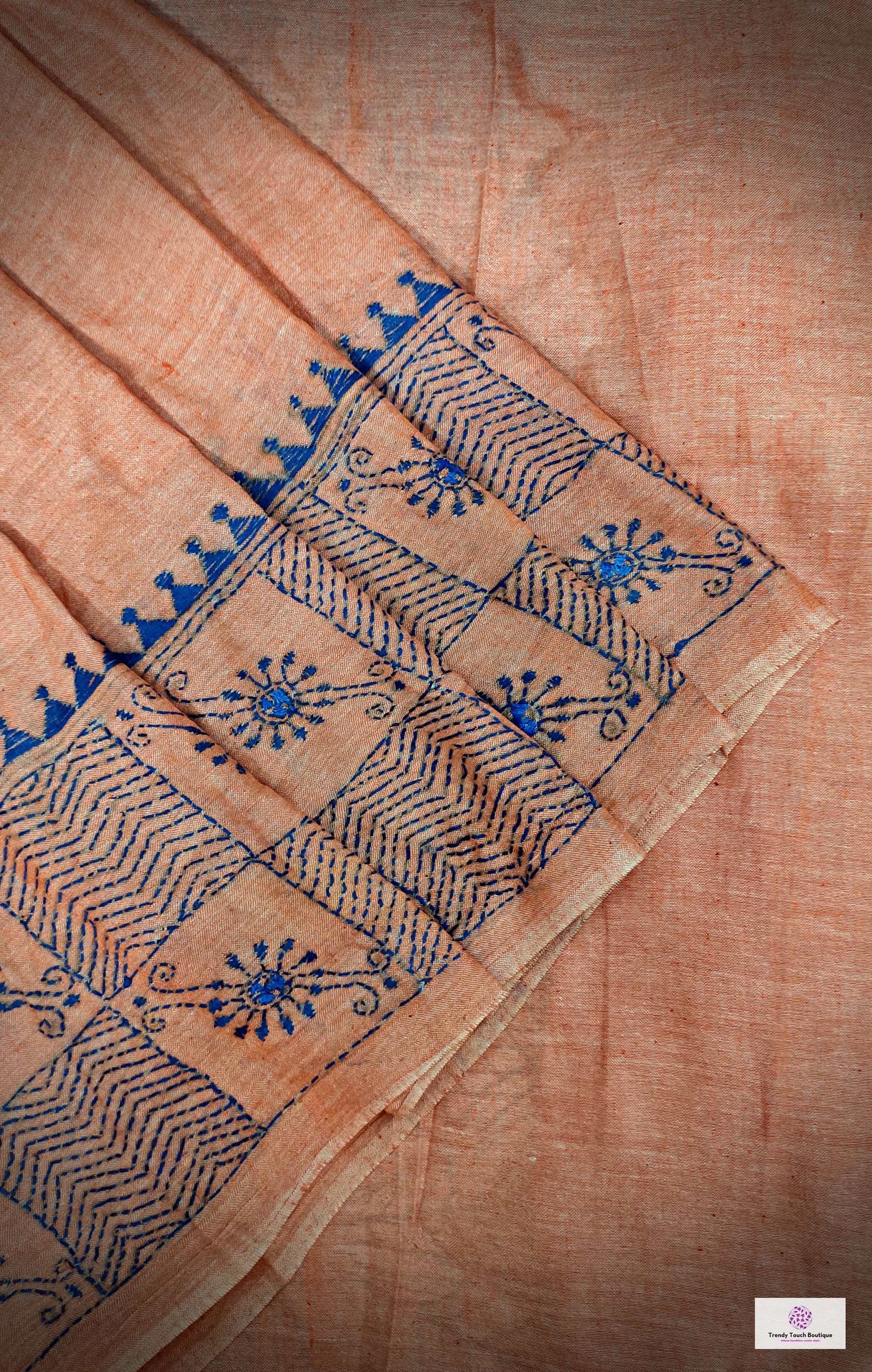 peach blue kantha stitch hand embroidered pure khadi handloom saree wedding season party wear marriage celebration affordable price with blouse piece designer saree office formal wear saree