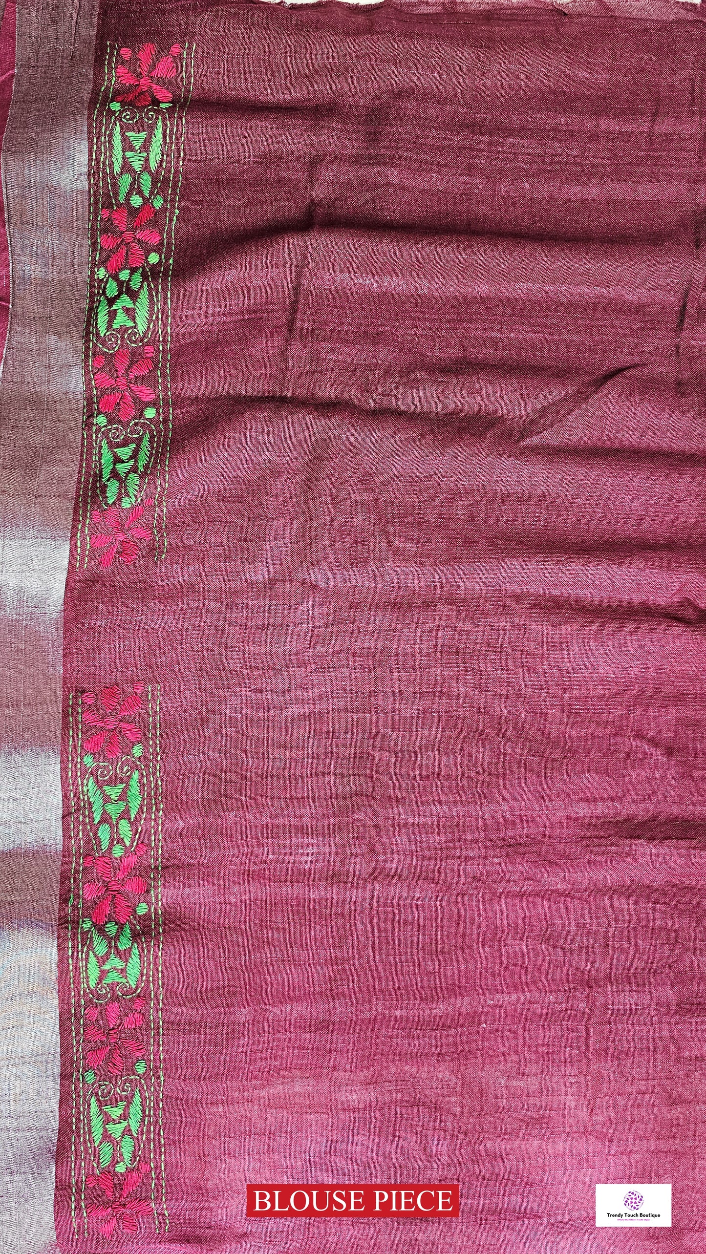 kantha handembroidered linen saree with maroon and beige tye and dye office wear or casual outing special events with blouse piece best price