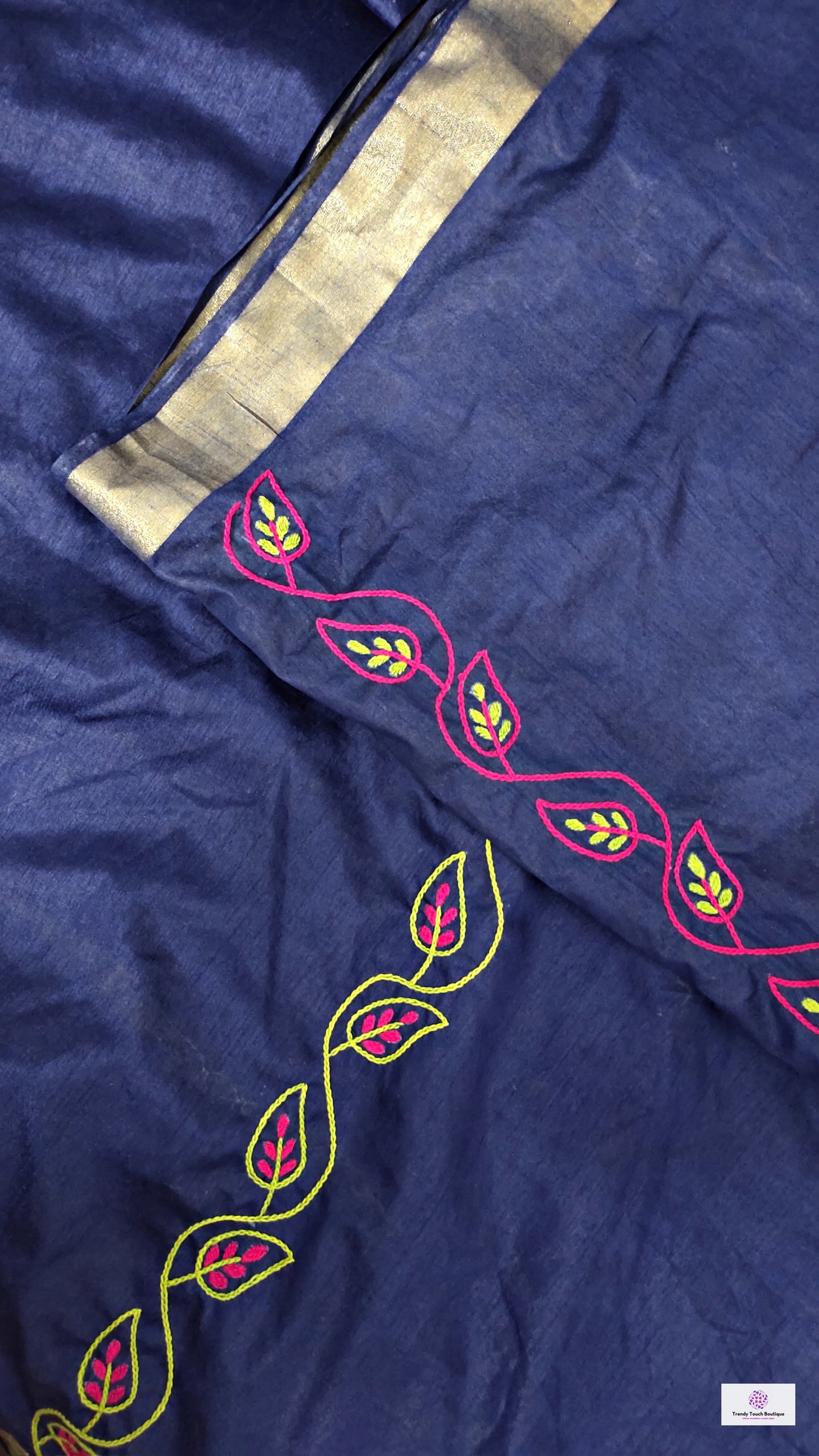 handembroidered designer cotton silk saree in blue for cocktail party, dinner, summer fashion sarees golden border