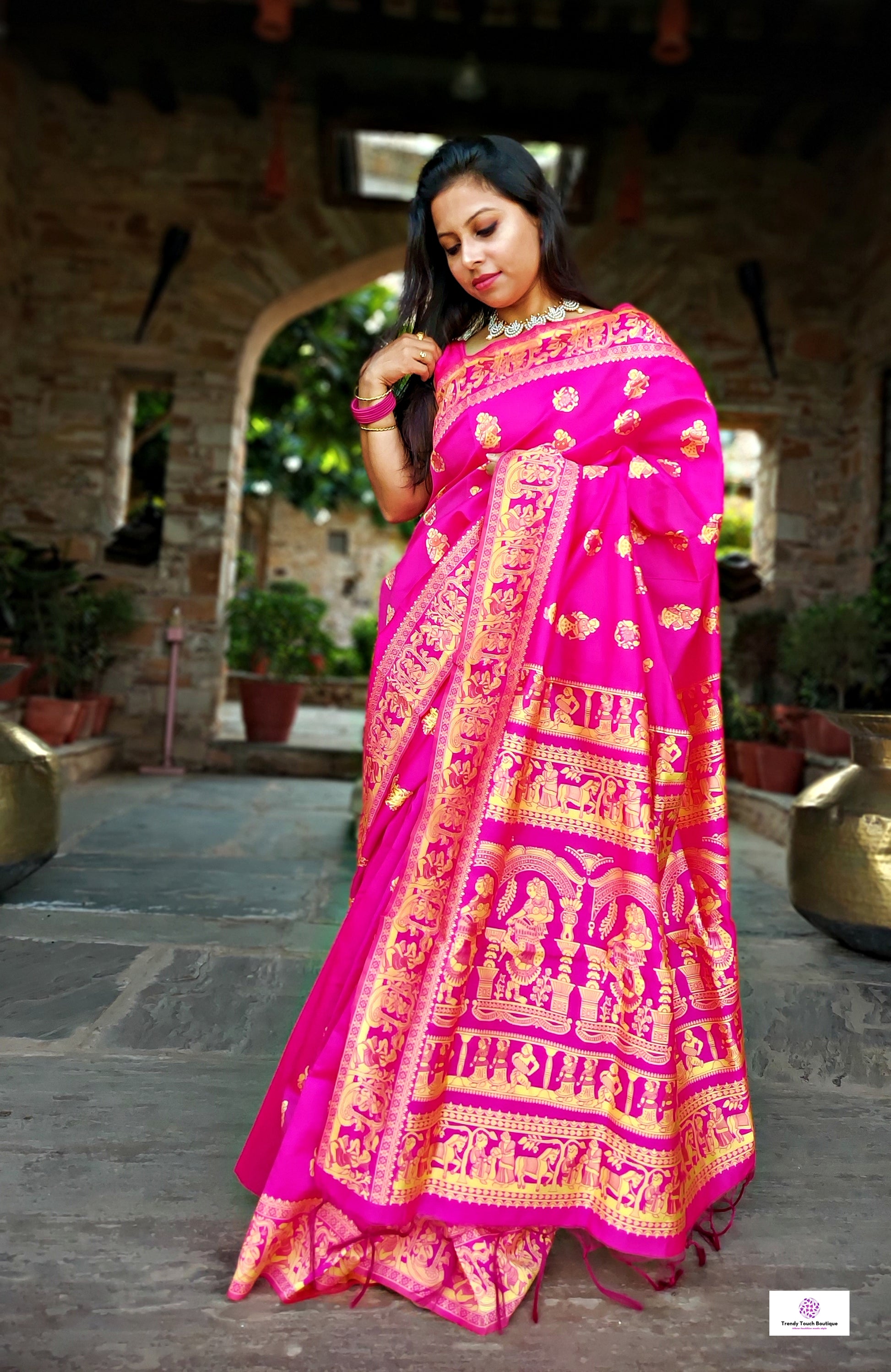 hot pink art silk baluchari silk saree for special ocassion marriage and wedding function with blouse piece and best price